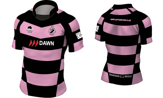 Ayr rugby shirt with pink and black hoops and a black collar