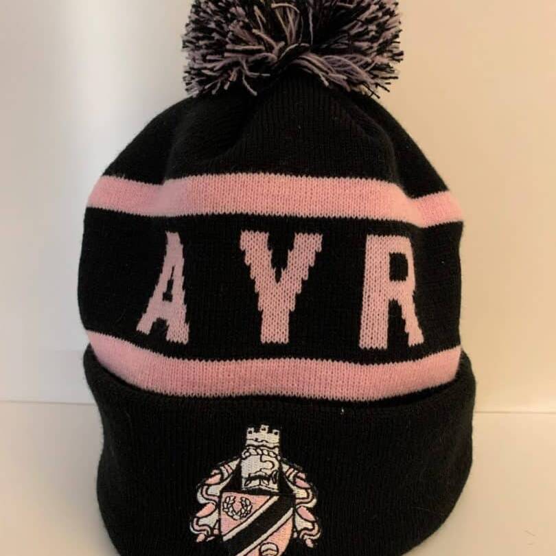 ayr rugby club bobble hat in pink and black